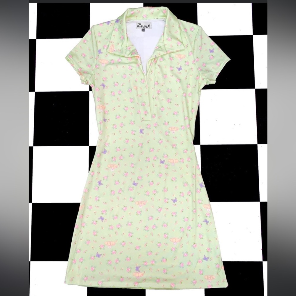 Omighty Light Green The Ditsy Butterfly Floral Allover Print Collared Dress‎ M